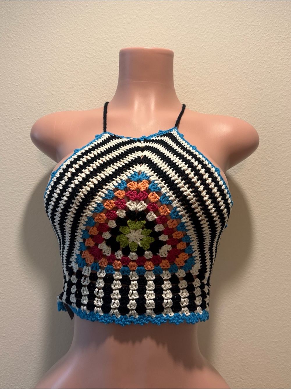 Bohemian Crochet Halter Crop Top in Black & White with Multicolor Triangle